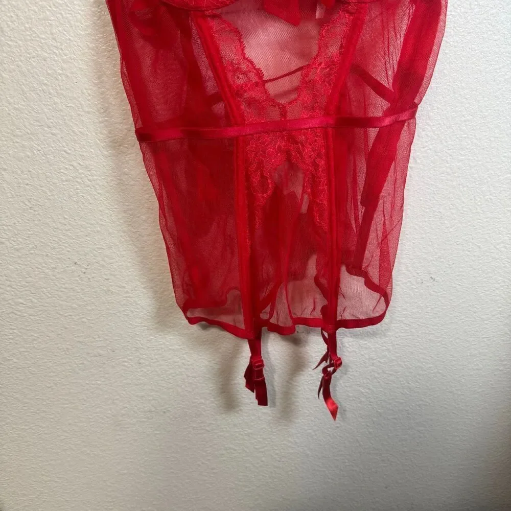 Victoria's Secret Bustier/Garter/Panty Lace Lingerie Set 34B Red Holiday Corset